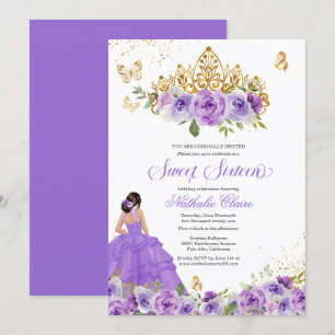 Butterfly Sweet 16 + Purple Watercolor Flowers Invitation