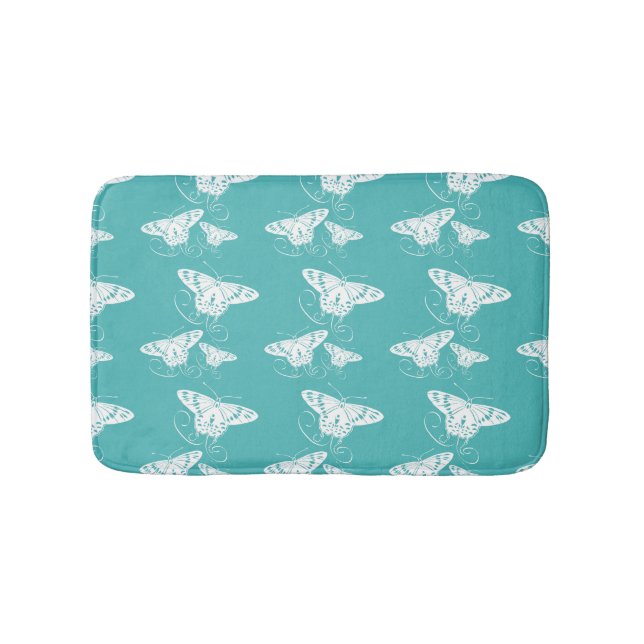 Butterfly Teal And White Pattern Bath Mat (Front)