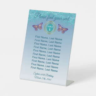 Butterfly & Teal Blue Glitter Table Number Sign