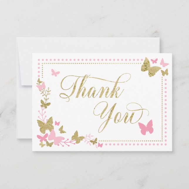 Butterfly Thank You Card, Pink, Faux Gold (Front)