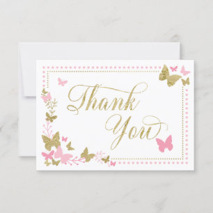 Butterfly Thank You Card, Pink, Faux Gold Card