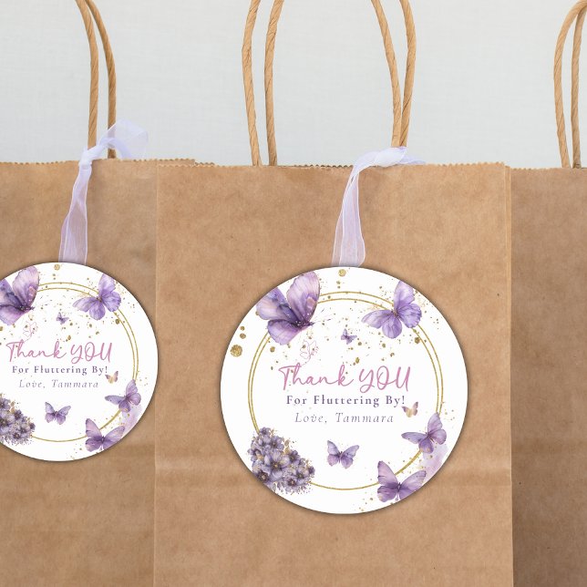 Butterfly Thank You Fluttering By Girly Purple Classic Round Sticker (Creator Uploaded)