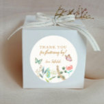 Butterfly Thank You For Fluttering By Party Favour Classic Round Sticker<br><div class="desc">Sweet birthday party favour sticker featuring a pink butterfly with faux gold embellishments. There is a flower garden at the bottom. The text says "thank you for fluttering by."</div>