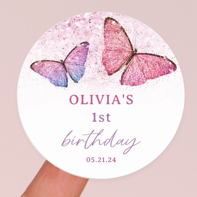 Butterfly Theme 1st Birthday Party Favour Classic Round Sticker (Creator Uploaded)