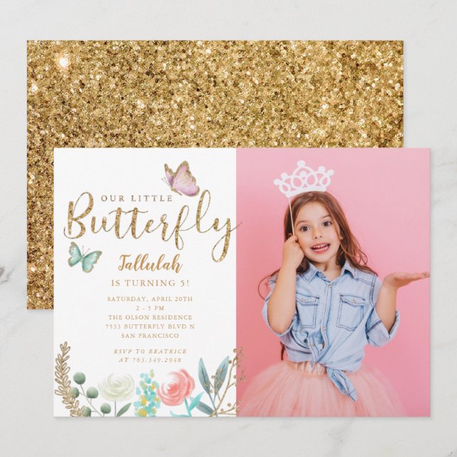 Butterfly Theme Girls Birthday Party photo Invitation (Front/Back)