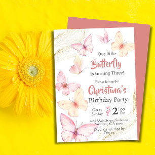Butterfly themed cute modern bliss 3rd birthday  invitation
