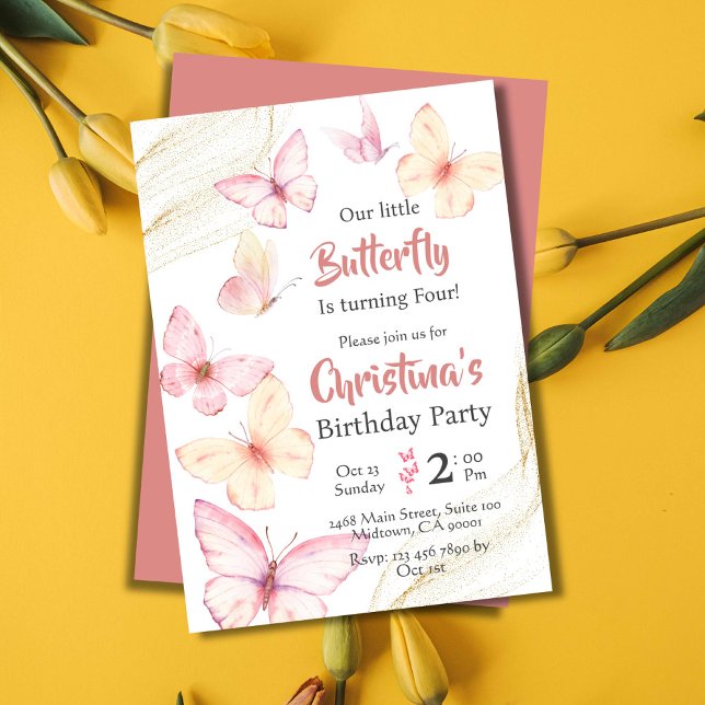 Butterfly themed cute modern bliss 4th birthday invitation (Front/Back )
