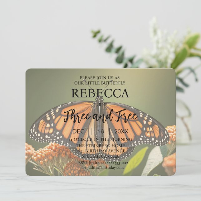 Butterfly Three and Free Birthday Invitations (Standing Front)