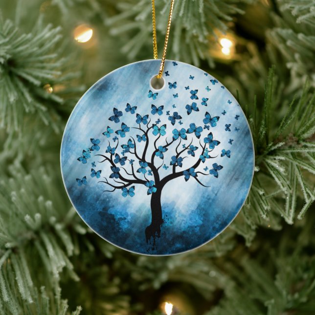 Butterfly Tree - Blue Marble Mist Ceramic Ornament (Tree)