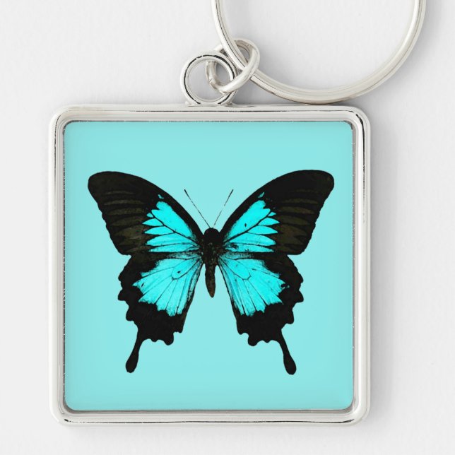 Butterfly - turquoise blue and black key ring (Front)