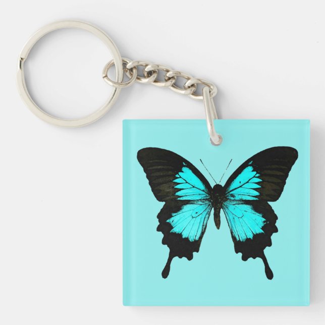 Butterfly - turquoise blue and black key ring (Front)
