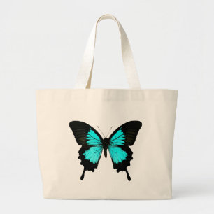 Butterfly - turquoise blue and black large tote bag