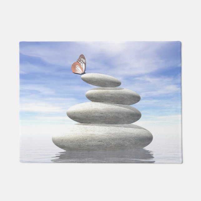 Butterfly upon balanced stones doormat (Front)