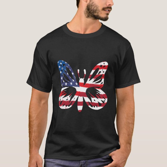 Butterfly Usa American Flag Patriotic 4Th Of July T-Shirt (Front)