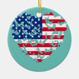 Butterfly USA Flag Cute 4th Of July Funny Ceramic Ornament