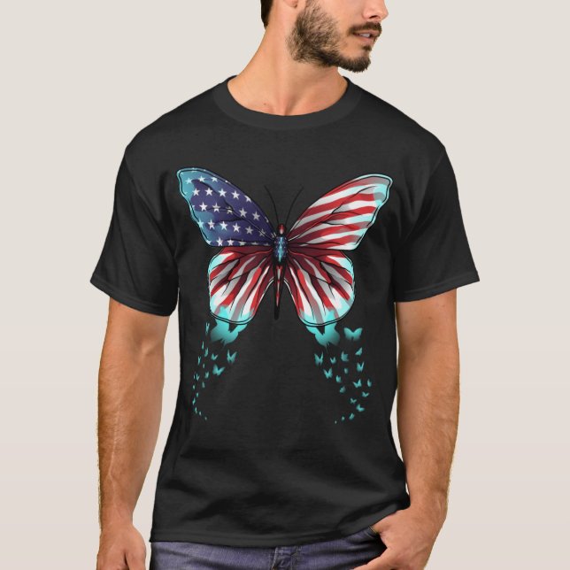 Butterfly USA Flag Cute 4th Of July  T-Shirt (Front)