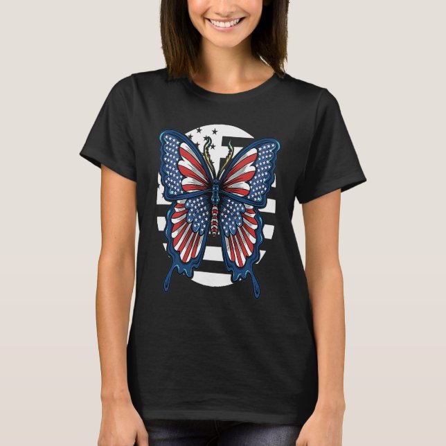 Butterfly USA Flag Cute Fourth Of July Funny Ameri T-Shirt (Front)
