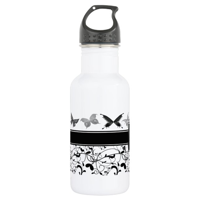 Butterfly Victorian Flourish Black White 532 Ml Water Bottle (Front)