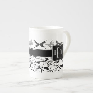 Butterfly Victorian Flourish Black White Bone China Mug