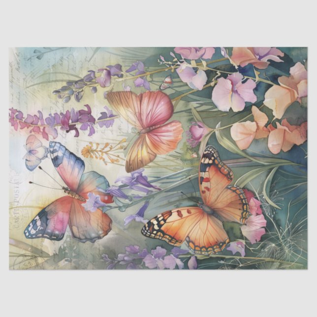 Butterfly Vintage Hand Writing Letter Decoupage Tissue Paper (Front)