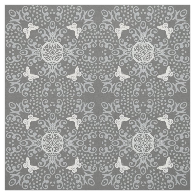 Butterfly Vintage Look Pattern Grey Fabric (Swatch)