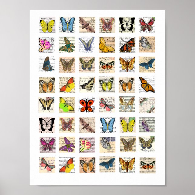 Butterfly Vintage Postcard art Collage sheet Poster (Front)