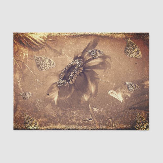 Butterfly Vintage Sunflower Dark Sepia Negative Tissue Paper (Front)