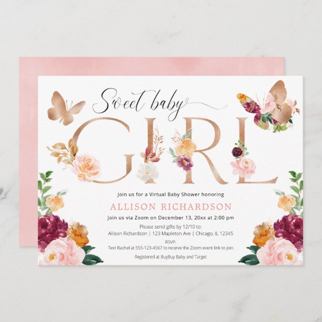 Butterfly Virtual baby shower pink burgundy floral Invitation (Front/Back)
