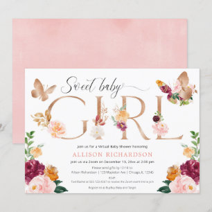 Butterfly Virtual baby shower pink burgundy floral Invitation