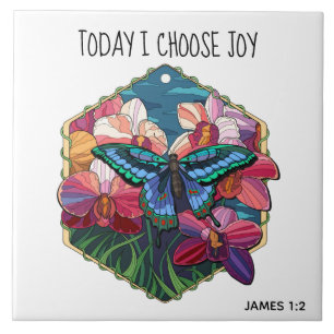 Butterfly, w verse from James 1:2 Ceramic Tile