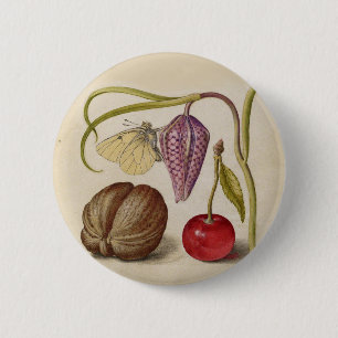 Butterfly Walnut Flower and cherry Watercolor 6 Cm Round Badge