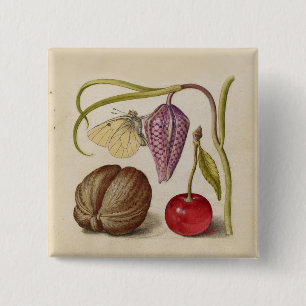 Butterfly Walnut Flower Cherry Watercolor Art 15 Cm Square Badge