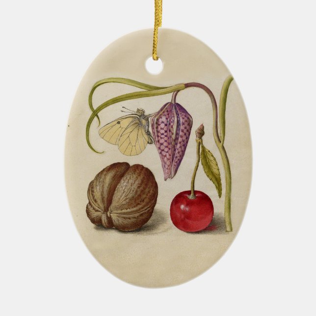 Butterfly Walnut Flower Cherry Watercolor Art Ceramic Ornament (Front)