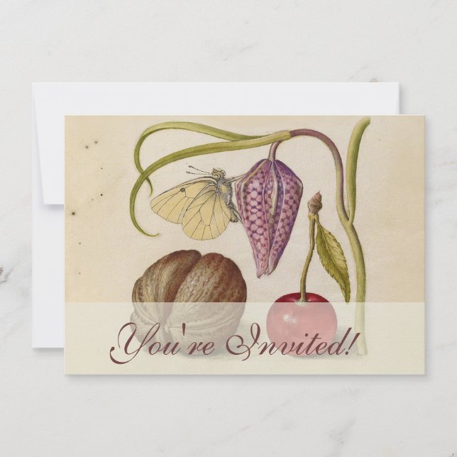 Butterfly Walnut Flower Cherry Watercolor Art Invitation (Front)