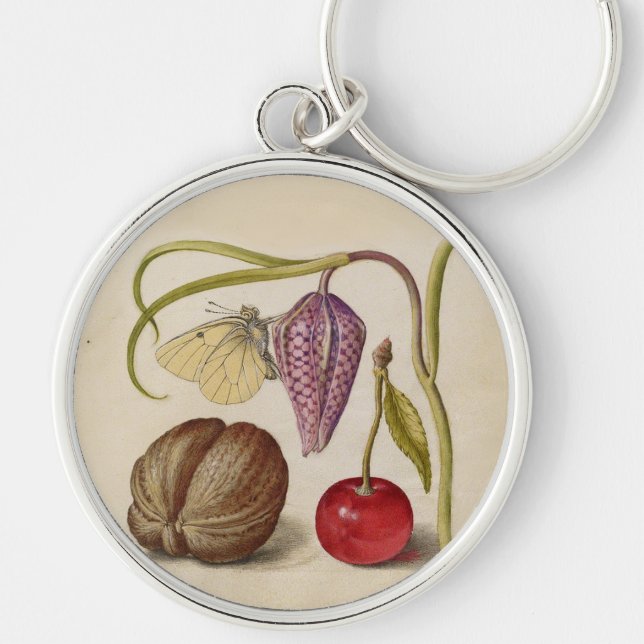 Butterfly Walnut Flower Cherry Watercolor Art Key Ring (Front)