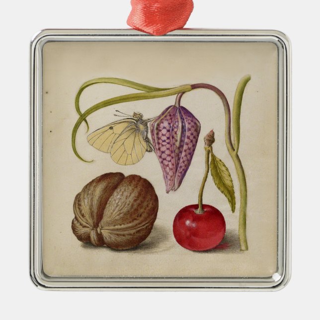 Butterfly Walnut Flower Cherry Watercolor Art Metal Ornament (Front)