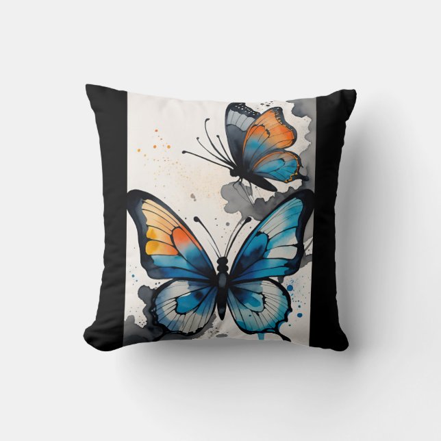 Butterfly Watercolor Blue/Black/orange/teal/cream  Cushion (Front)
