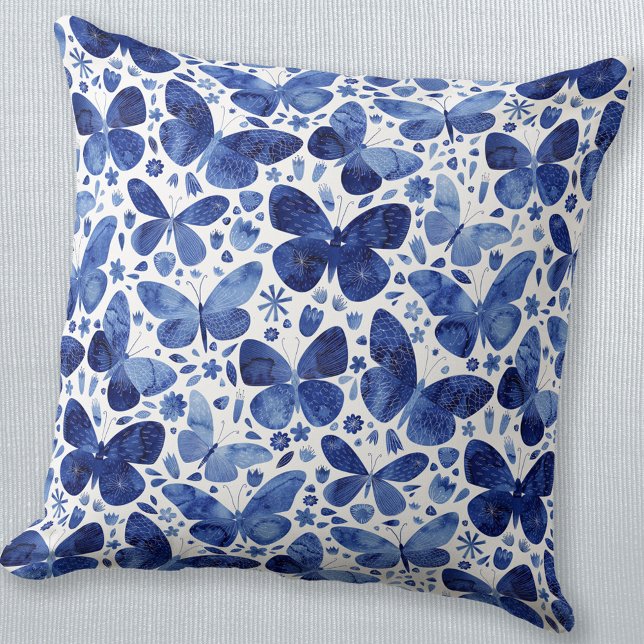 Butterfly Watercolor Blue Cushion (Indigo navy blue butterfly watercolor painting throw pillow)