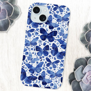 Butterfly Watercolor Blue Pattern iPhone 15 Plus Case