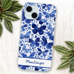 Butterfly Watercolor Blue Personalised iPhone 15 Case<br><div class="desc">Indigo blue and white watercolor butterfly pattern painting. 
Change the name to personalise.</div>