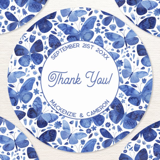 Butterfly Watercolor Blue Thank You Personalised Classic Round Sticker (Blue watercolor butterfly pattern personalized custom text wedding names date thank you stickers)