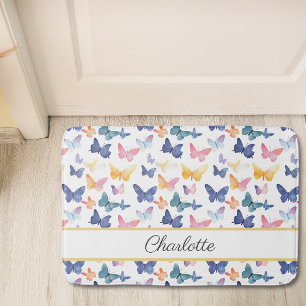 Butterfly Watercolor Colourful Pattern Custom Name Bath Mat