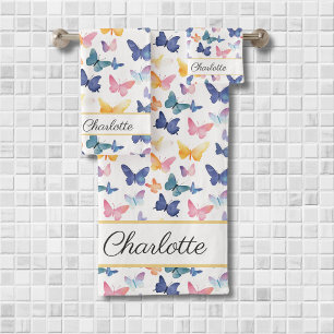 Butterfly Watercolor Colourful Pattern Custom Name Bath Towel Set
