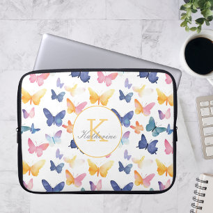 Butterfly Watercolor Colourful Pattern Custom Name Laptop Sleeve
