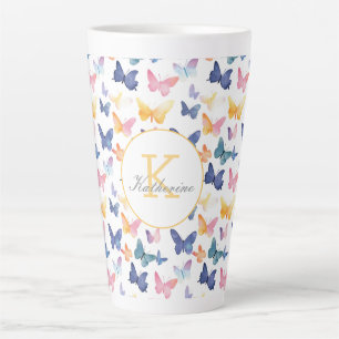 Butterfly Watercolor Colourful Pattern Custom Name Latte Mug
