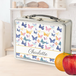 Butterfly Watercolor Colourful Pattern Custom Name Metal Lunch Box