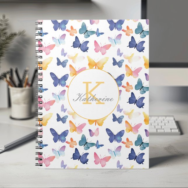 Butterfly Watercolor Colourful Pattern Custom Name Notebook (Creator Uploaded)