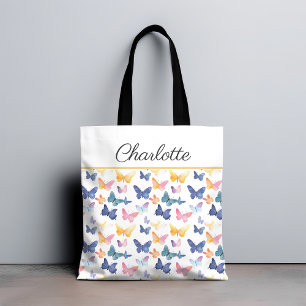 Butterfly Watercolor Colourful Pattern Custom Name Tote Bag