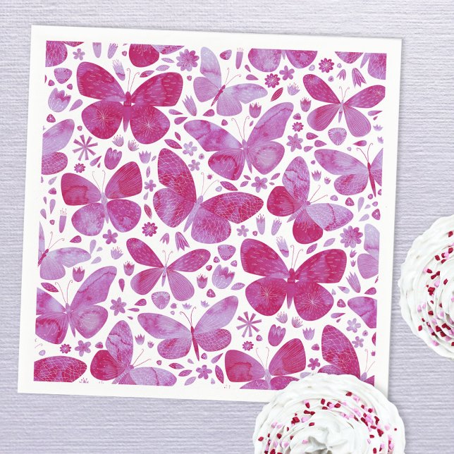 Butterfly Watercolor Magenta Pink Napkin (Magenta hot pink watercolor butterfly pattern paper napkins)