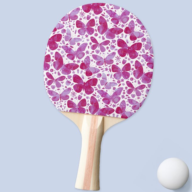 Butterfly Watercolor Magenta Pink Pattern Ping Pong Paddle (Modern watercolor butterfly pattern magenta pink and white ping pong paddle)